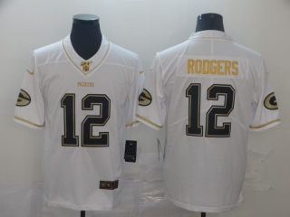 Green Bay Packers 12# Rodgers White Golden NFL Retro Jerseys 113641